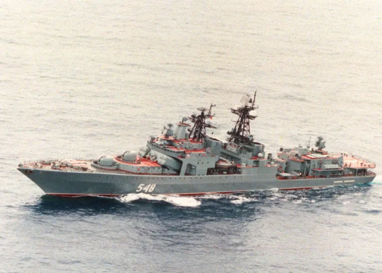 Aerial port bow view of the Russian Navy Pacific Fleet Udaloy class guided missile destroyer Admiral Panteleyev (DDG-548) underway.