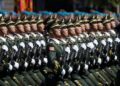 Soldiers from China's People's Liberation Army march on Red Square during a military parade, which marks the 75th anniversary of the Soviet victory over Nazi Germany in World War Two, in Moscow on June 24, 2020. - The parade, usually held on May 9, was postponed this year because of the coronavirus pandemic. (Photo by Pavel Golovkin / POOL / AFP) (Photo by PAVEL GOLOVKIN/POOL/AFP via Getty Images)