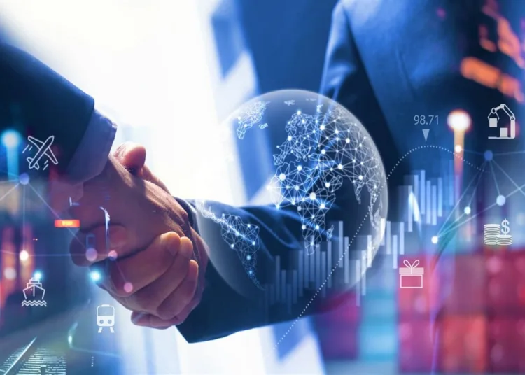 Smart logistics, Global business concept. Businessman making handshake for successful business, investment deal teamwork and partnership business partners on logistic global network distribution and supply chain