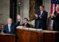 UNITED STATES - MARCH 03: Israeli Prime Minister Benjamin Netanyahu addresses a joint meeting of Congress in the House chamber as Speaker John Boehner, R-Ohio, left, and Sen. Orrin Hatch, R-Utah, president pro tempore of the Senate, on look, March 3, 2015. (Photo By Tom Williams/CQ Roll Call)