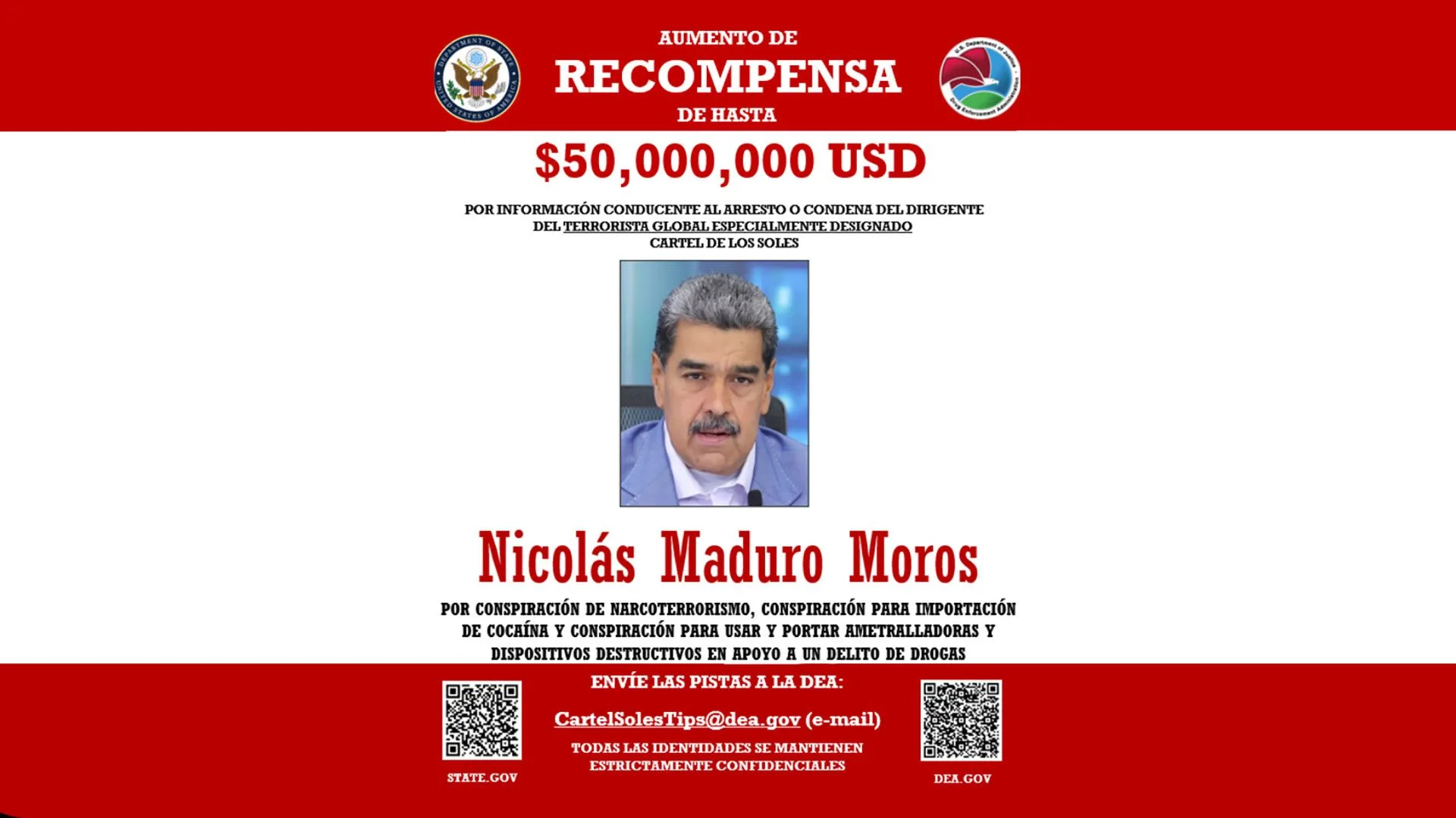 Estados Unidos ofrece una recompensa de U$D 50 millones por información que conduzca a la condena de Nicolás Maduro, lo que hace especular a muchos de que busca un cambio de régimen en Venezuela / Créditos: archivo