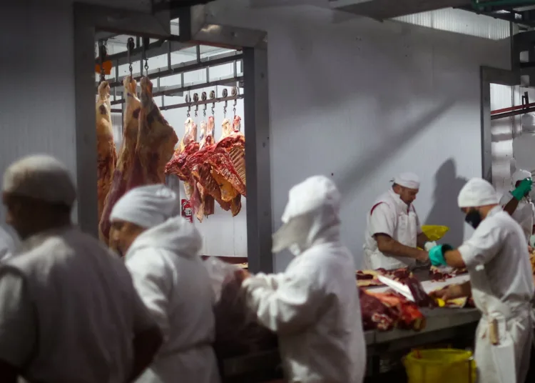 Carcasas de vacuno cuelgan en una planta de procesamiento de carne en Morón, Buenos Aires, Argentina, 16 de mayo de 2025. REUTERS/Agustin Marcarian