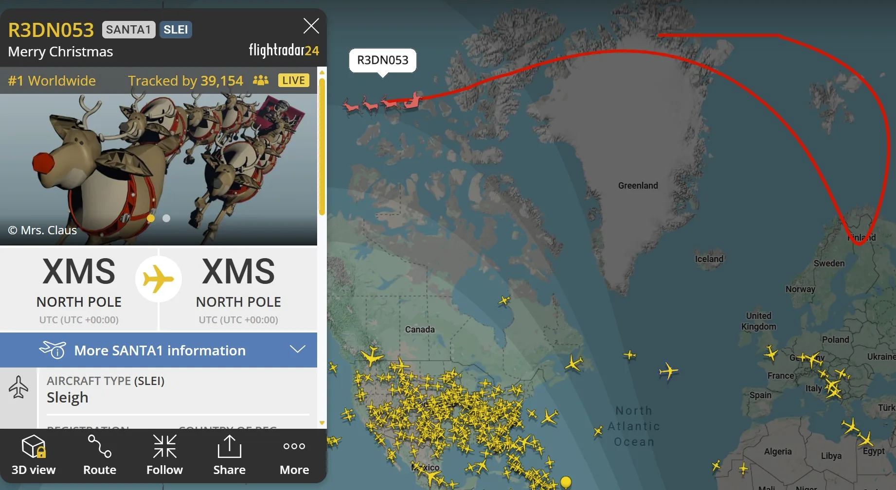 Captura de pantalla del seguimiento del Santa Tracker. Crédito: Flightradar24