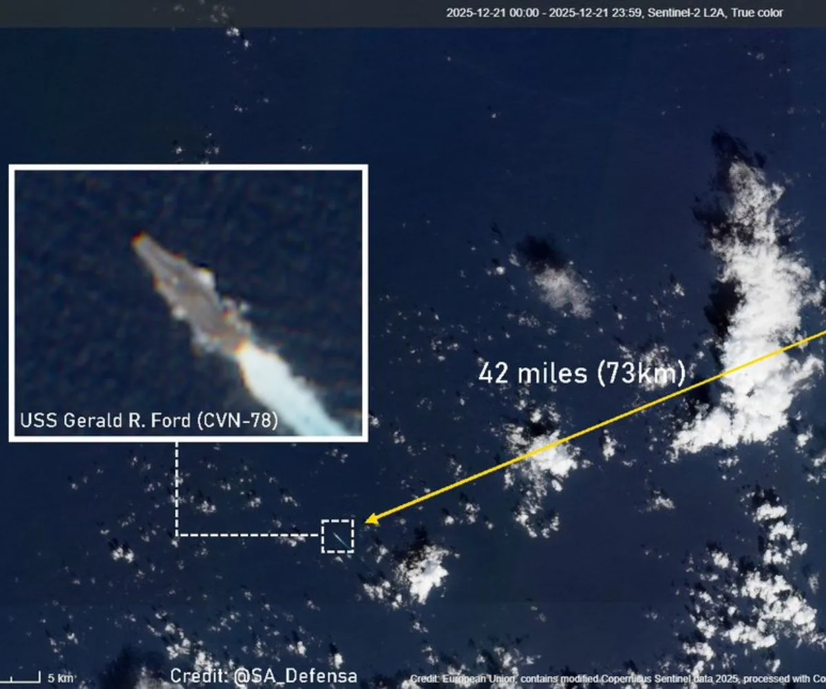 El USS Gerald R. Ford fue avistado hoy a unas 40 millas al suroeste de la dependencia federal venezolana de la isla de Aves, en el Caribe central. Créditos: SA_ Defensa/TELEGRAM