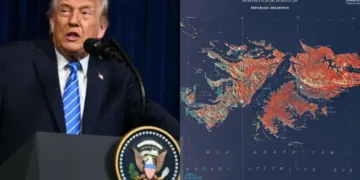 Donald Trump y mapa de las Islas Malvinas. Crédito: Escenario Mundial