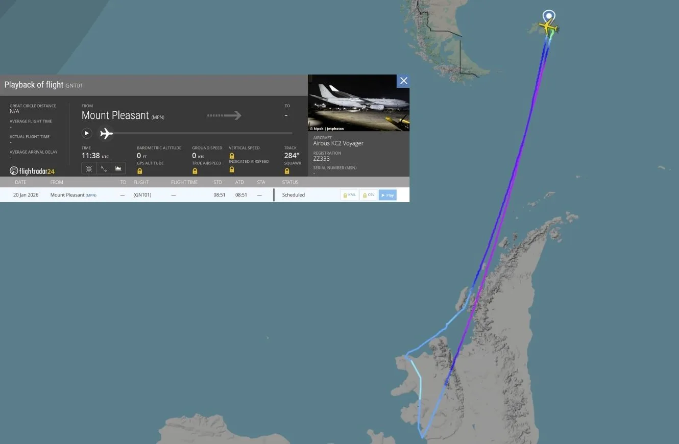 Detalles del vuelo del KC2 Voyager en la Antártida. Crédito: Flightradar24