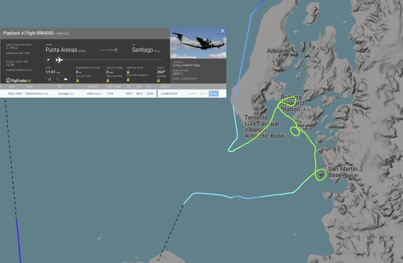 Detalles del vuelo del A400M en la Antártida. Crédito: Flightradar24