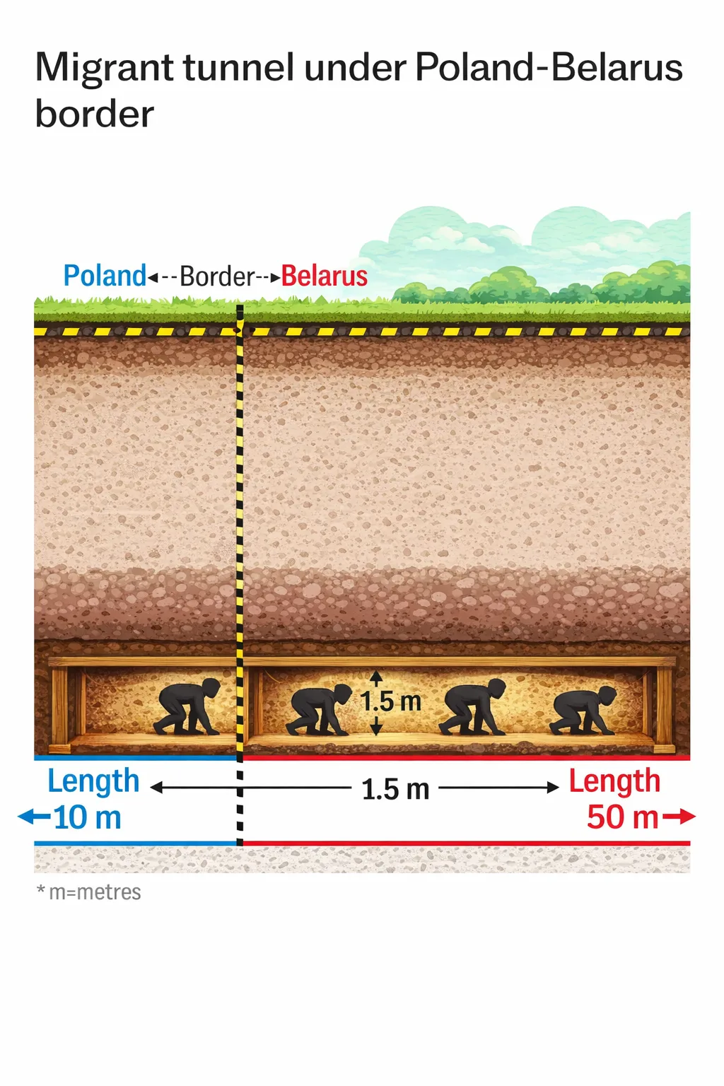 Ilustración esquemática que muestra un túnel subterráneo utilizado para el cruce irregular de migrantes bajo la frontera entre Polonia y Bielorrusia. El gráfico detalla la longitud estimada del pasadizo —10 metros del lado polaco y 50 metros del lado bielorruso— así como su altura aproximada de 1,5 metros./ Créditos: Infografía propia elaborada a partir de información publicada por The Telegraph y autoridades polacas.