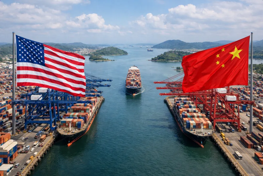 Vista general de las terminales portuarias de Balboa y Cristóbal, en ambos extremos del Canal de Panamá, en medio de la disputa por el control operativo tras la salida de CK Hutchison y el ingreso de Maersk y MSC. El episodio se produce en un contexto de tensiones entre Estados Unidos y China, con advertencias de Beijing, protestas formales de Hong Kong y un acuerdo global de US$23.000 millones liderado por BlackRock actualmente en suspenso/ Crédito: The Gearsmith