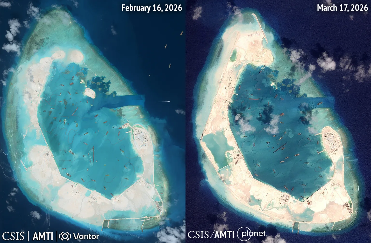 El arrecife Antelope se encuentra dentro del archipiélago Crescent, en la parte suroeste de las islas Paracel. Está situado a unas 162 millas náuticas del puerto de Sanya, en la provincia china de Hainan, y a 216 millas náuticas de Da Nang, en Vietnam. Anteriormente uno de los puestos avanzados más pequeños de China en las Paracel, Pekín inició importantes trabajos de dragado en Antelope en octubre de 2025 y, en las últimas semanas, ha comenzado las obras preliminares en algunas zonas del arrecife. Créditos: CSIS.