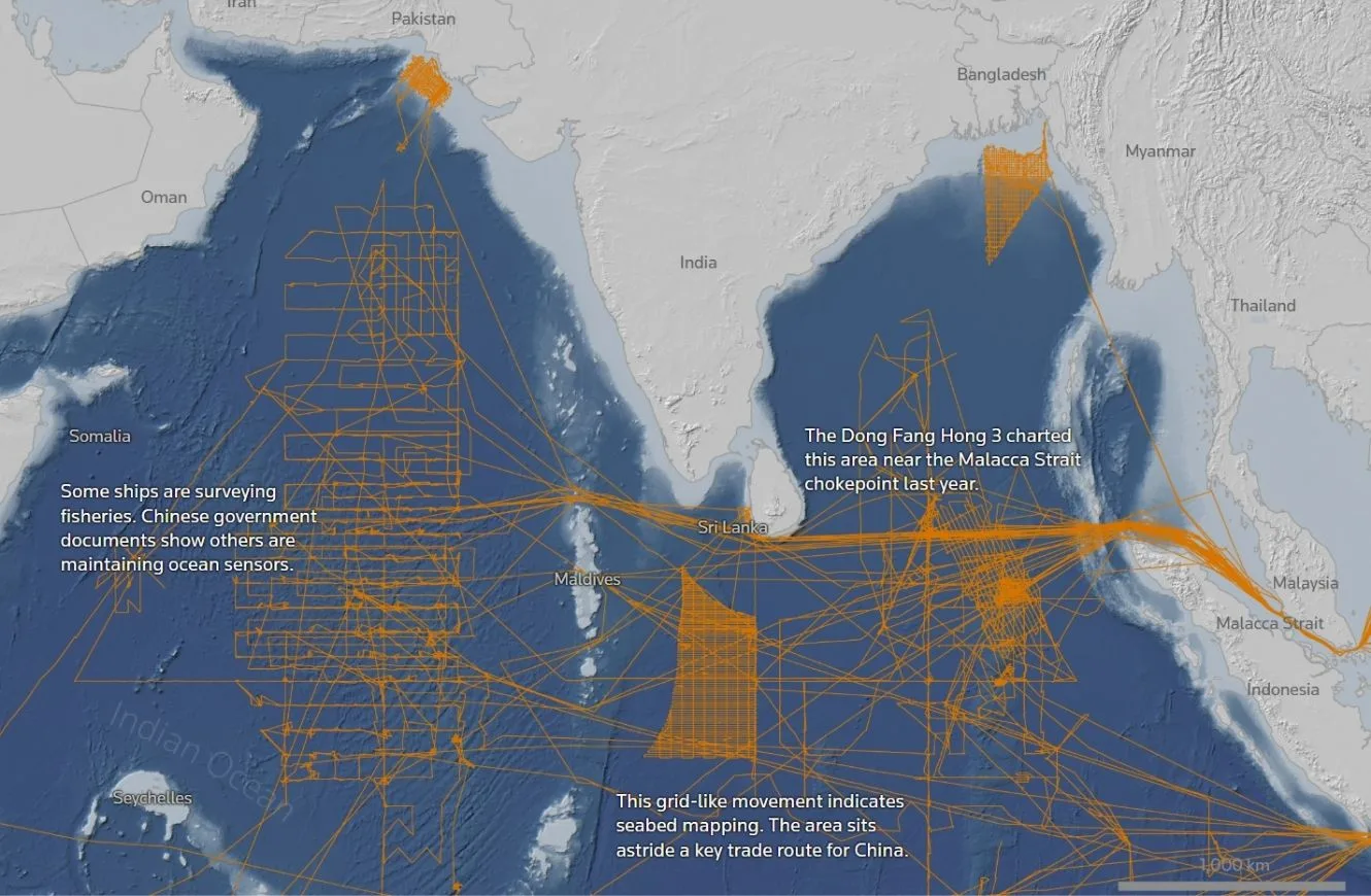 Nota: Las líneas naranjas muestran las rutas tomadas por los buques de investigación chinos entre mayo de 2020 y diciembre de 2025.
Fuente: Análisis de Reuters basado en datos de Starboard Maritime Intelligence.
Travis Hartman y Pete McKenzie | REUTERS