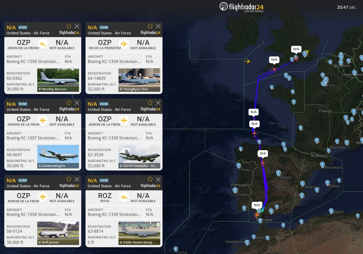 Captura de FlightRadar24 difundida por la cuenta DefenceGeek que muestra la salida de aviones cisterna KC-135 de la Fuerza Aérea de EE.UU. desde las bases españolas de Morón y Rota hacia Alemania, en el marco de la escalada tras los ataques contra Irán./ Créditos: @DefenceGeek en X / datos de FlightRadar24.