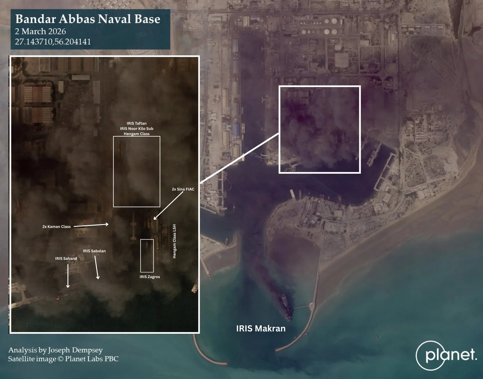 La base naval de Bandar Abbas en Irán vista en una imagen satelital tomada el 2 de marzo de 2026./ Créditos: PLANET LABS INC