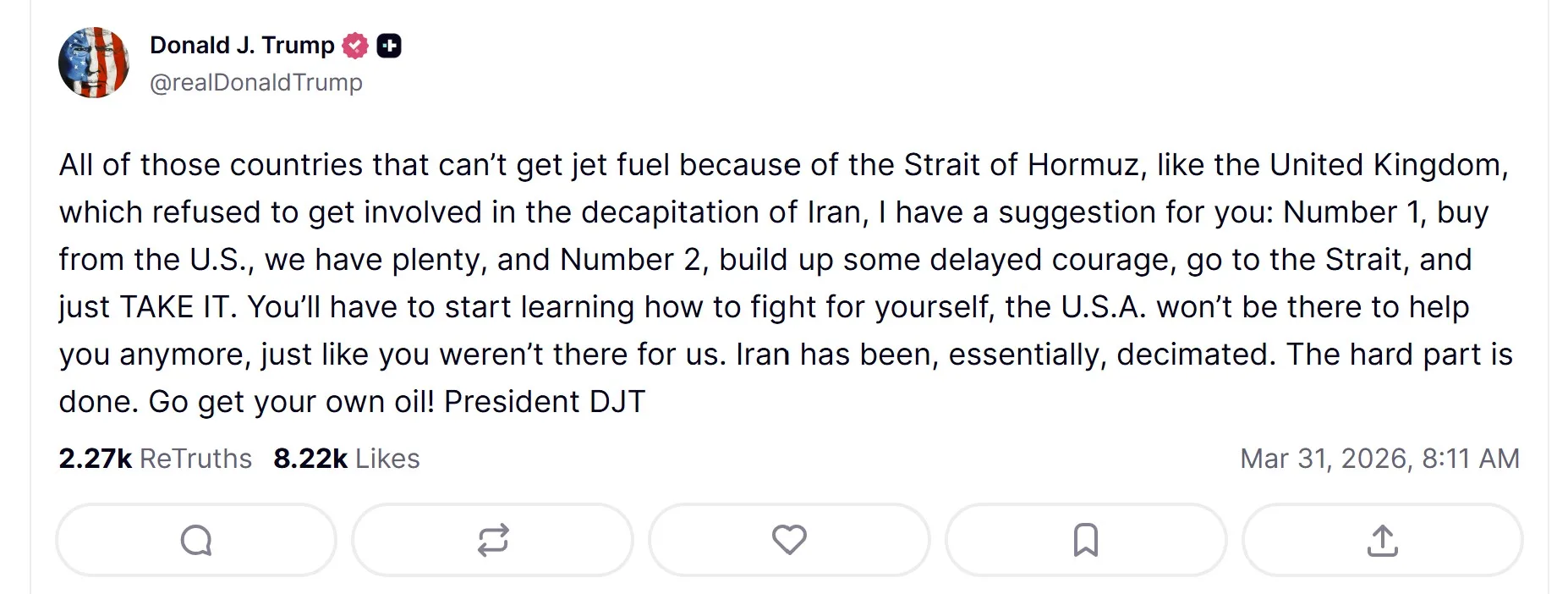 Mensaje de Donald Trump en Truth Social.