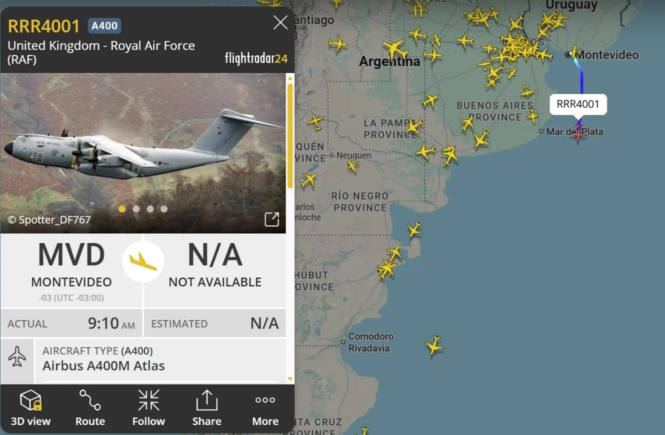 Vuelo de un a400m de la RAF que conectan Islas Malvinas con Montevideo. Crédito: Escenario Mundial vía Flightradar