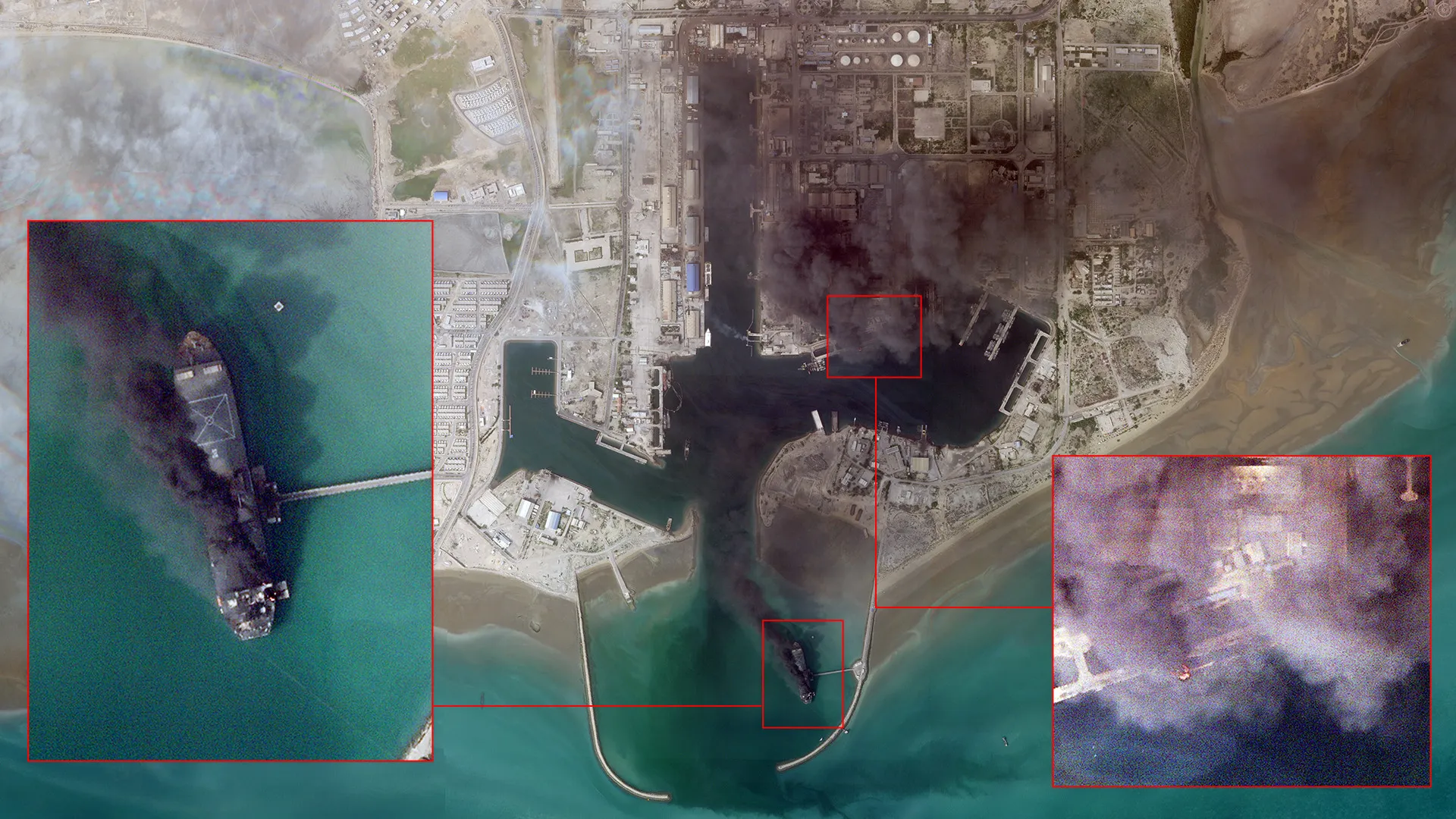 El ataque perpetrado durante la noche contra el puerto ha dejado en llamas una de las preciadas bases marítimas de Irán y al menos una fragata, con humo negro llenando el aire/ Créditos: PLANET LABS INC.