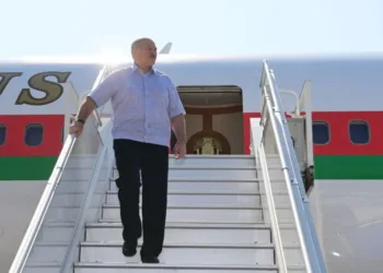 Belarus' President Alexander Lukashenko disembarks from a plane as he arrives at an airport in Sochi on September 14, 2020. (Photo by Andrei STASEVICH / BELTA / AFP) (Photo by ANDREI STASEVICH/BELTA/AFP via Getty Images)