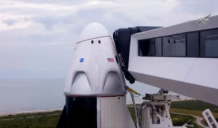 Mandatory Credit: Photo by Uncredited/AP/Shutterstock (10661228a)
In this image made from video via NASA-TV, a SpaceX Falcon 9, with NASA astronauts Doug Hurley and Bob Behnken in the Dragon crew capsule, is prepared for liftoff from Pad 39-A at the Kennedy Space Center in Cape Canaveral, Fla
Home Launch, Cape Canaveral, United States - 27 May 2020
