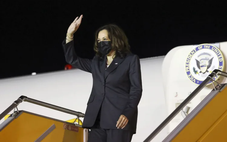 U.S. Vice President Kamala Harris leaves her plane as she arrives at the airport in Hanoi, Vietnam, Tuesday, Aug. 24, 2021. Harris is on a weeklong trip through Southeast Asia. (Evelyn Hockstein/Pool Photo via AP)