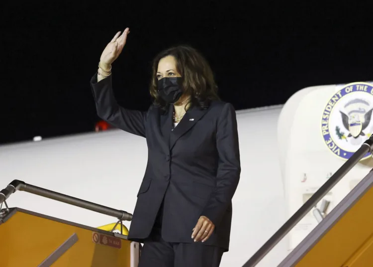 U.S. Vice President Kamala Harris leaves her plane as she arrives at the airport in Hanoi, Vietnam, Tuesday, Aug. 24, 2021. Harris is on a weeklong trip through Southeast Asia. (Evelyn Hockstein/Pool Photo via AP)