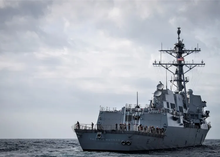The USS Thomas Hudner, an Arleigh Burke-class destroyer from Naval Station Mayport, Florida, sails in the Gulf of Mexico Dec. 16.  The ship and crew participated in this week’s first demonstration of the Advanced Battle Management System (ABMS), operators across the Air Force, Army, Navy and industry tested multiple real time data sharing tools and technology in a homeland defense-based scenario enacted by U.S. Northern Command and enabled by Air Force senior leaders held at Eglin Air Force Base, Fla., Dec. 16-18.  (U.S. Air Force photo/2nd Lt. Karissa Rodriguez)