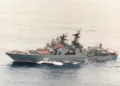 Aerial port bow view of the Russian Navy Pacific Fleet Udaloy class guided missile destroyer Admiral Panteleyev (DDG-548) underway.