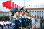BEIJING, CHINA - SEPTEMBER 30: Members of a military honour guard  before a ceremony at Tiananmen Square, on the eve of National Day on September 30, 2018 in Beijing, China. On October 1, 1949, Chinese leader Mao Zedong stood at the Tiananmen Rostrum to declare the founding of the People's Republic of China.  (Photo by Lintao Zhang/Getty Images)