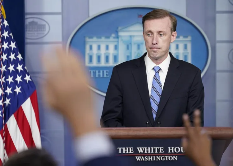 White House national security adviser Jake Sullivan listens as he is asked a question during the daily briefing at the White House in Washington, Monday, Aug. 23, 2021. (AP Photo/Susan Walsh)