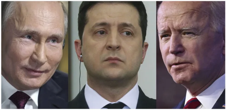 (FILES) This combination of pictures created on January 2, 2022 shows Russia's President Vladimir Putin at the Kremlin in Moscu on March 1, 2018, Ukrainian President Volodymyr Zelensky in Kiev on December 8, 2021 and US President Joe Biden in Wilmington, Delaware on January 15, 2021. - US President Joe Biden and his Ukrainian counterpart Volodymyr Zelensky are due to speak by phone on January 2, 2022, amid growing fears that a Russian military buildup near the border with its pro-Western neighbor heralds an invasion.
The show of US support for Ukraine comes days after Biden warned Russian President Vladimir Putin of severe consequences if Moscow invades the former Soviet country. (Photo by AFP)