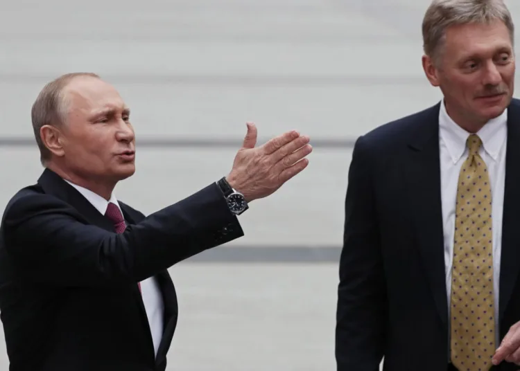 Moscow (Russian Federation).- (FILE) Russian President Vladimir Putin (L) and Kremlin spokesman Dmitry Peskov (R) meet with journalists after president Putin's annual Question and Answer live-broadcast nationwide television and radio session called 'Direct Line with Vladimir Putin' at the Gostiny Dvor studio in Moscow, Russia, 15 June 2017 (reissued 12 May 2020). According to reports on 12 May, Kremlin spokesman Dmitry Peskov was hospitalised after testing positive for coronavirus COVID-19. (Rusia, Moscú) EFE/EPA/YURI KOCHETKOV *** Local Caption *** 53586604