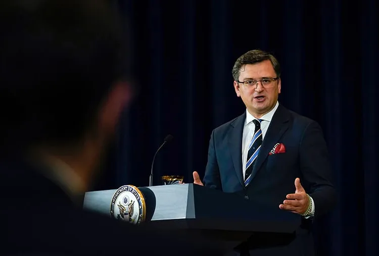 Ukraine's Foreign Minister Dmytro Kuleba speaks during a news conference with Secretary of State Antony Blinken at the State Department in Washington, Tuesday, Feb. 22, 2022. (AP Photo/Carolyn Kaster, Pool)