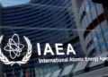 FILE PHOTO: The logo of the International Atomic Energy Agency (IAEA) is seen at their headquarters during a board of governors meeting, amid the coronavirus disease (COVID-19) outbreak in Vienna, Austria, June 7, 2021.   REUTERS/Leonhard Foeger