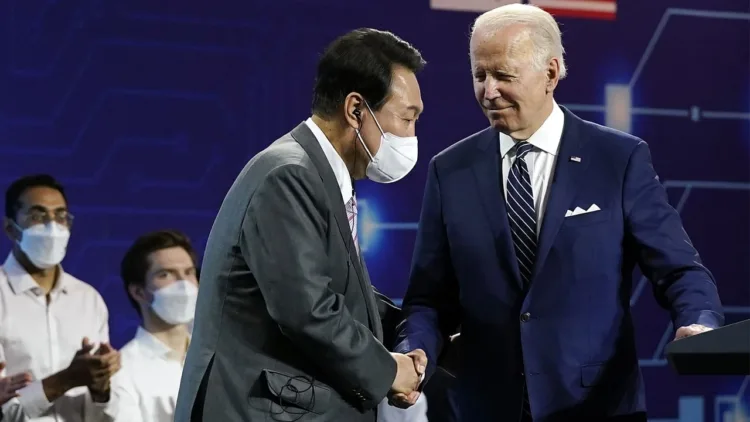 President Joe Biden and South Korean President Yoon Suk Yeol deliver remarks as they vist the Samsung Electronics Pyeongtaek campus, Friday, May 20, 2022, in Pyeongtaek, South Korea. (AP Photo/Evan Vucci)