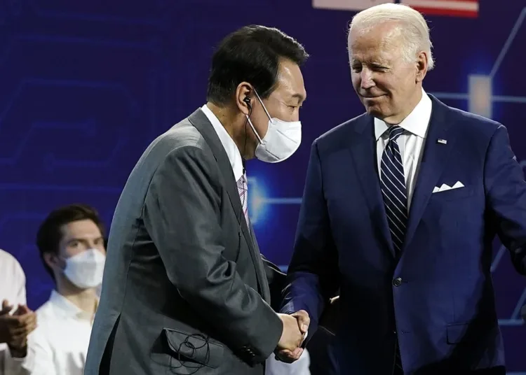 President Joe Biden and South Korean President Yoon Suk Yeol deliver remarks as they vist the Samsung Electronics Pyeongtaek campus, Friday, May 20, 2022, in Pyeongtaek, South Korea. (AP Photo/Evan Vucci)