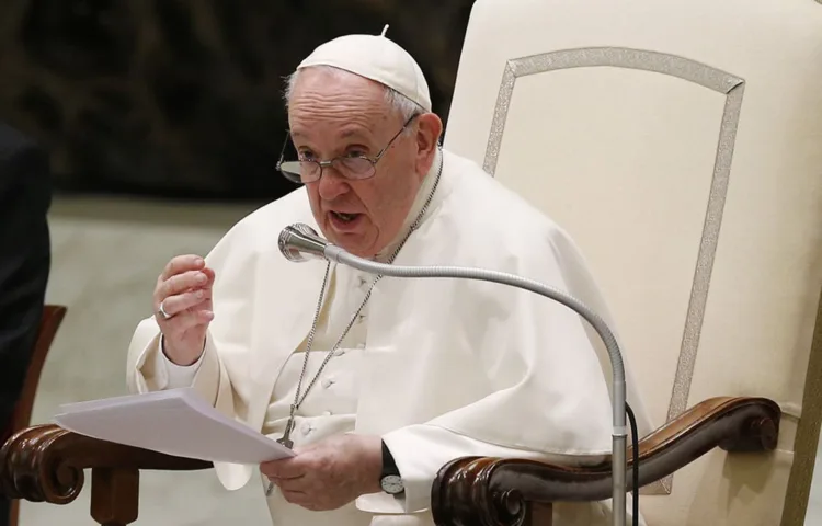 Pope Francis speaks during his general audience in the Paul VI hall at the Vatican Feb. 2, 2022. (CNS photo/Paul Haring)