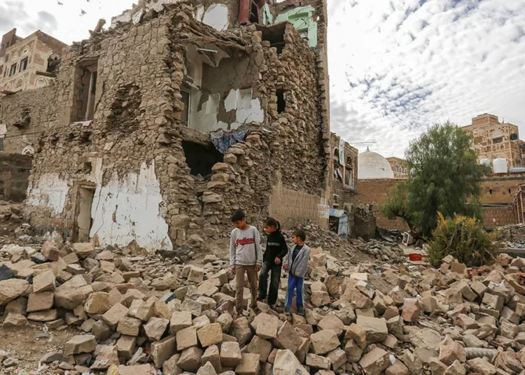 Siblings Mohammed, Batool and Luai Ali Zaid walk on the rubble of their neighbor’s house which was destroyed by conflict in the Old City of Sana’a. The children fled the area with their family after the incident but have since returned. They walk among the ruins, reminiscing the time they used to play with their now-deceased friends. With violence and loss a daily reality for Yemen’s civilians, mental health and psychological support needs continue to exacerbate in Yemen, particularly among those displaced and vulnerable, including children. ; The 2-years conflict in Yemen has displaced more than three million people, and 21 million are in need of some form of humanitarian assistance.