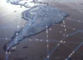 World map with satellite data connections. Connectivity across the world.
