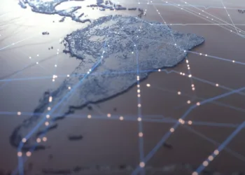 World map with satellite data connections. Connectivity across the world.