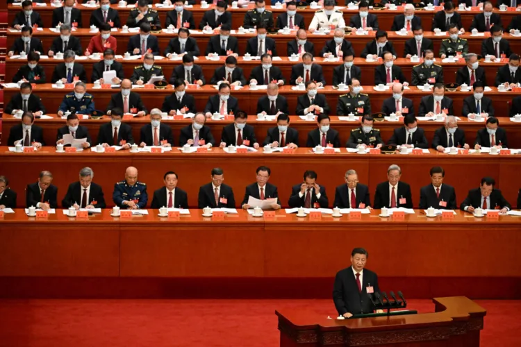 China's President Xi Jinping speaks during the opening session of the 20th Chinese Communist Party's Congress at the Great Hall of the People in Beijing on October 16, 2022. (Photo by Noel CELIS / AFP)
