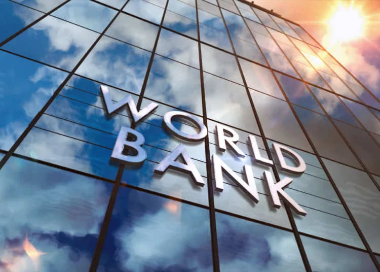 World Bank on glass building. Mirrored sky and city modern facade. Global capital, business, finance, economy, banking and money concept 3D rendering illustration.
