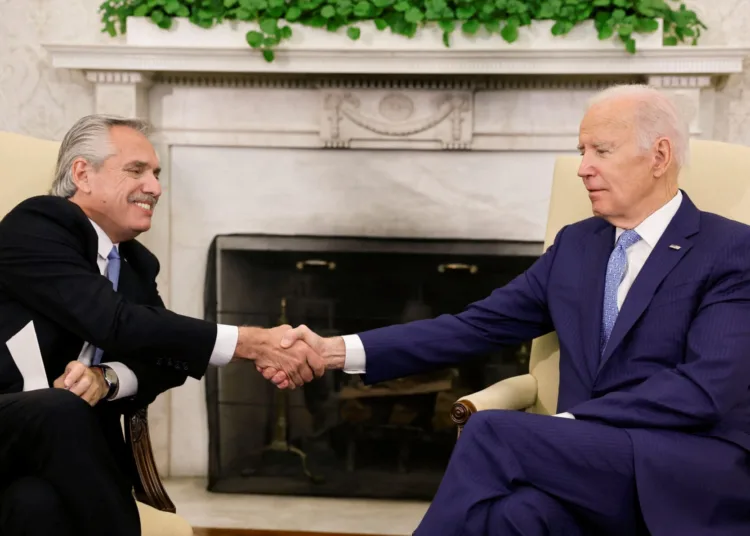 U.S. President Joe Biden meets with Argentina's President Alberto Fernandez in the Oval Office at the White House in Washington, U.S. March 29, 2023. REUTERS/Jonathan Ernst