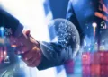 Smart logistics, Global business concept. Businessman making handshake for successful business, investment deal teamwork and partnership business partners on logistic global network distribution and supply chain