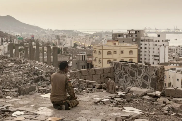 ADEN, YEMEN - FEBRUARY 22: A Southern Transitional Council soldier performs the evening prayer overlooking the city of Aden, Yemen, on 22 February 2022. MANDATORY CREDIT: (Photo by Sam Tarling/Sana'a Center for Strategic Studies)