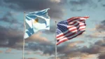 Beautiful national state flags of USA and Argentina together at the sky background. 3D artwork concept.