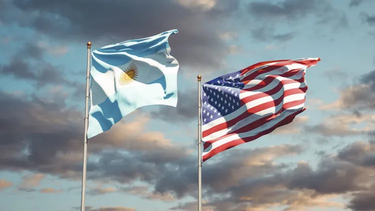 Beautiful national state flags of USA and Argentina together at the sky background. 3D artwork concept.
