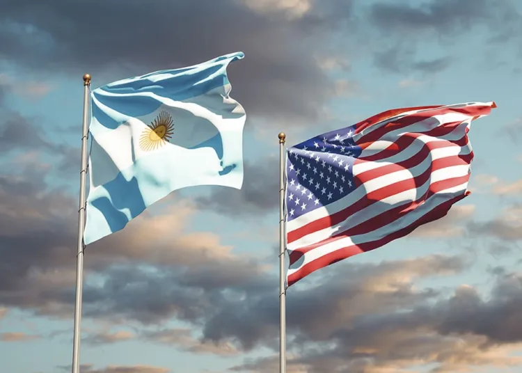 Beautiful national state flags of USA and Argentina together at the sky background. 3D artwork concept.