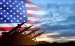 Strategic missiles concept on USA flag at the sky at sunset. Missile defense. EPS10 vector