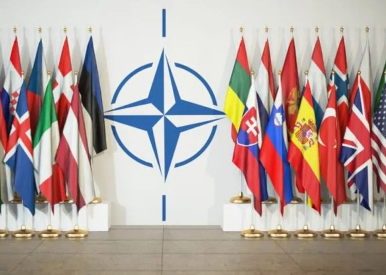 Banderas de la OTAN desplegadas en un acto