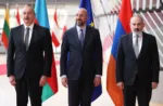 BRUSSELS, BELGIUM - MAY 14: President of Azerbaijan Ilham Aliyev, Prime Minister of Armenia Nikol Pashinyan, President of the European Council Charles Michel arrive to hold a meeting in Brussels, Belgium on May 14, 2023. (Photo by Dursun Aydemir/Anadolu Agency via Getty Images)
