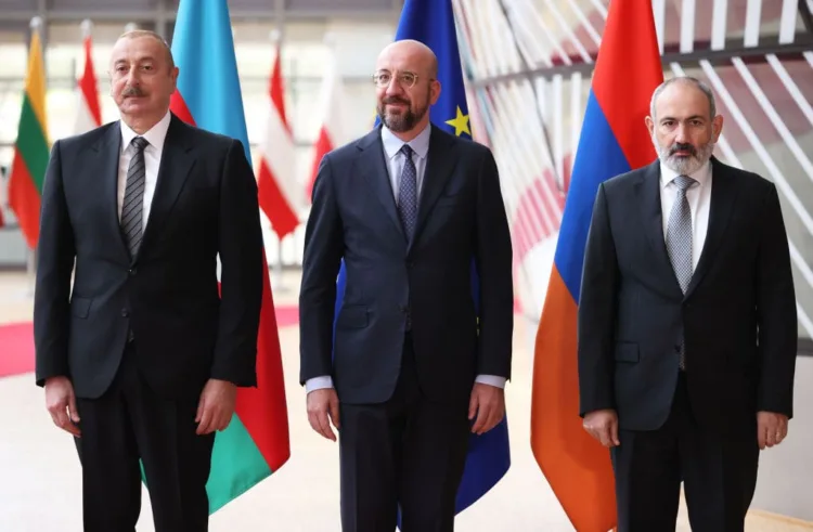 BRUSSELS, BELGIUM - MAY 14: President of Azerbaijan Ilham Aliyev, Prime Minister of Armenia Nikol Pashinyan, President of the European Council Charles Michel arrive to hold a meeting in Brussels, Belgium on May 14, 2023. (Photo by Dursun Aydemir/Anadolu Agency via Getty Images)